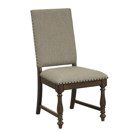 Traditional 5pc Dining Set Table with Extension Leaf and 4 Side Chairs Beige Fabric Upholstered Nailhead Trim Brown Classic Dining Room Furniture - sold by Home Elegance USA