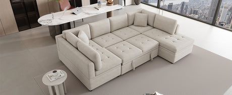 Oversized U-Shaped Sectional Sofa Couch with Pull-out Bed, Beige Chenille, 117.3' - sold by Home Elegance USA