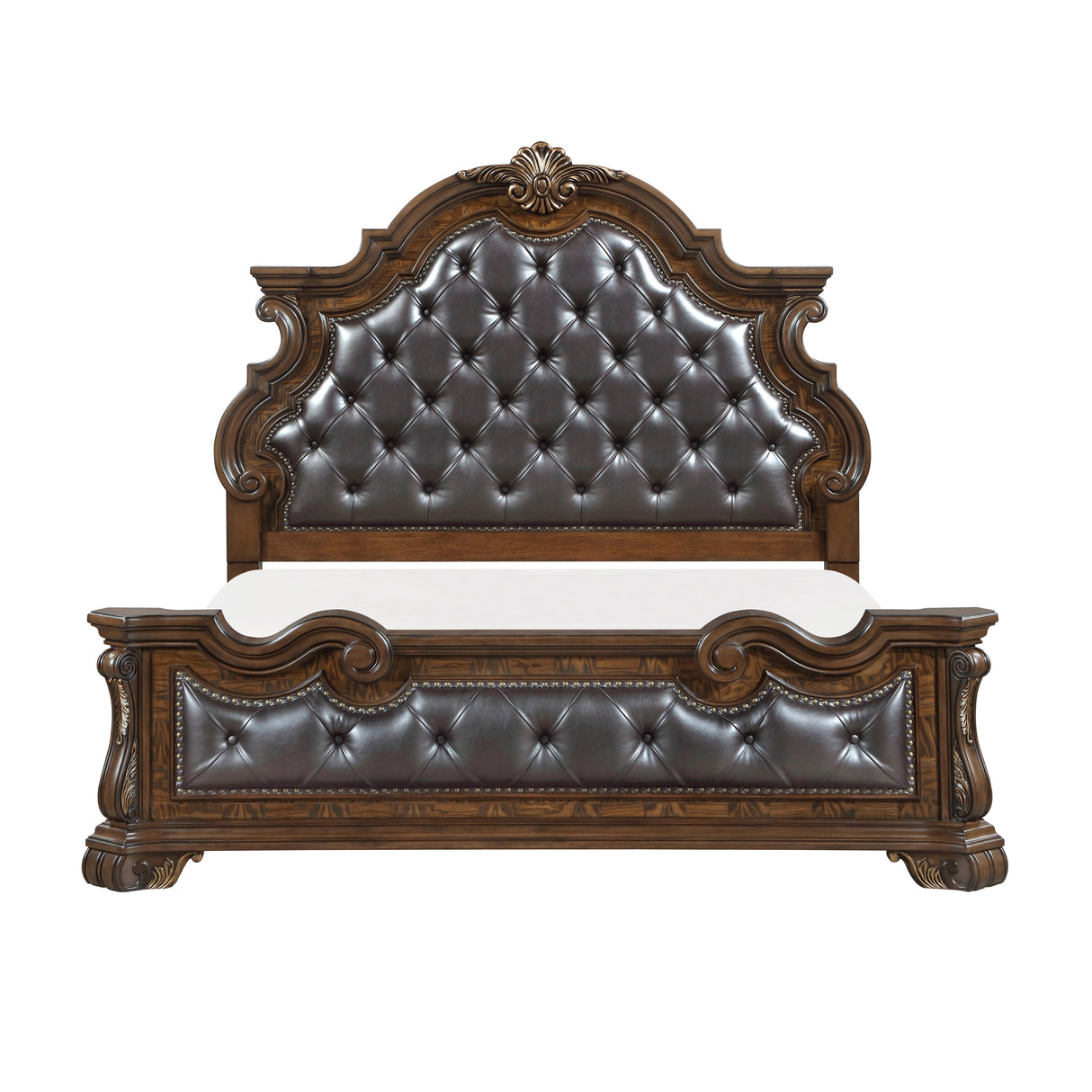Formal Traditional Dark Brown Finish Luxury King Bed Tufted Headboard Intricate Carvings Gold Accent Detailing Bedroom Furniture 1pc
