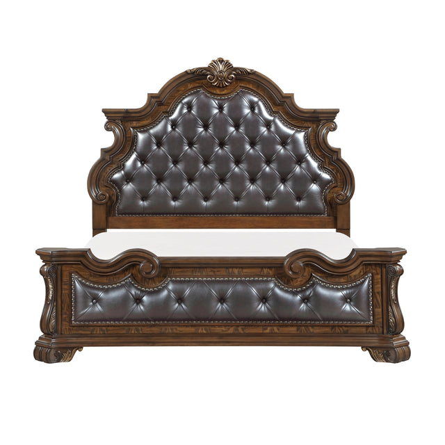 Formal Traditional Dark Brown Finish Luxury King Bed Tufted Headboard Intricate Carvings Gold Accent Detailing Bedroom Furniture 1pc