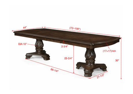 Formal 9pc Rectangular Dining Table 18' Extendable Leaf Side Chair Arm Chair Rich Dark Coffee Brown Finish Intricately Carved Double Pedestal Base Solid Wood Dining Set - sold by Home Elegance USA