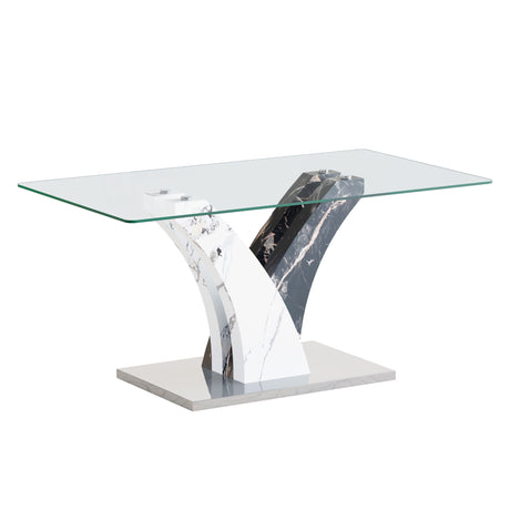 Table and chair set.Modern dining table, tempered glass countertop, and artistic MDF legs.Paried With 6 White PU dining chairs, simple and versatile, comfortable and accompanied. - sold by Home Elegance USA
