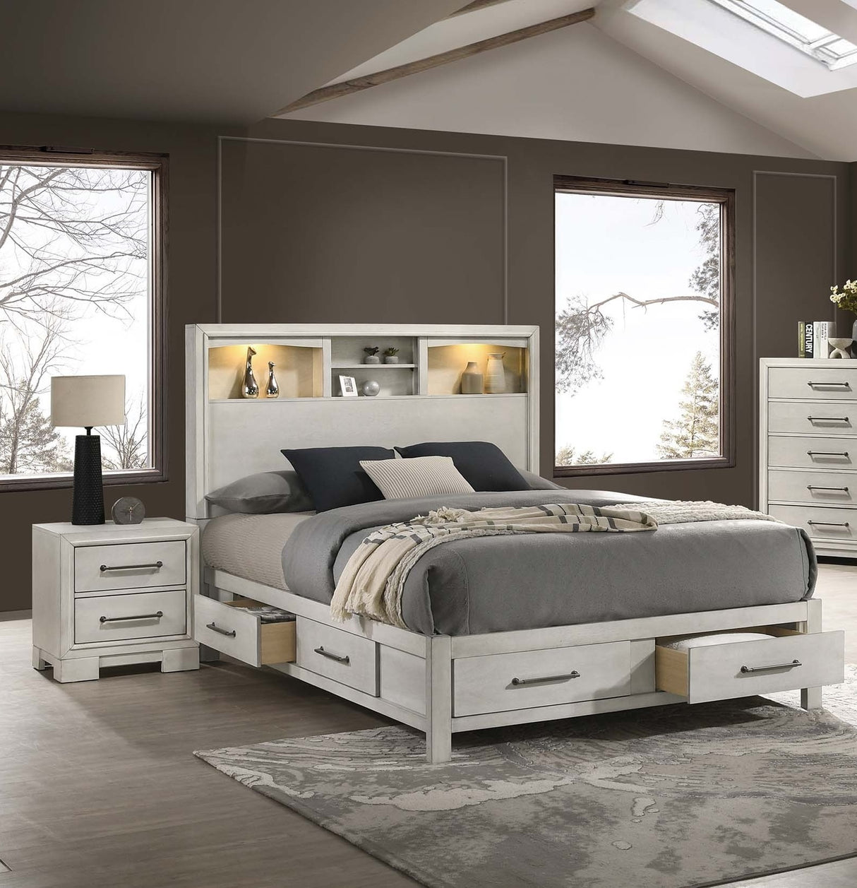 Modern Transitional Style Eastern King Size 1pc Bed Smooth Gliding Drawers Metal Handles Built In Lights Open Headboard Shelves Antique White Finish Bedroom Furniture