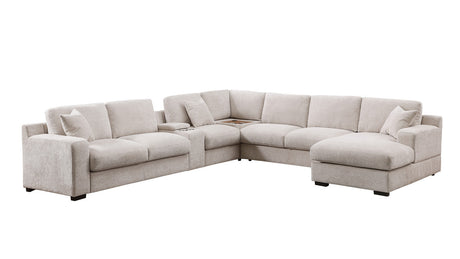 Chiara 141.5'W Beige Chenille Fabric Corner Sectional Sofa with Right-Facing Chaise, Cupholders, and Charging Ports - sold by Home Elegance USA