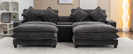 Modern Chenille Upholstered Sectional Sofa with Ottomans, USB Ports, Cup Holders, and Storage in Grey - sold by Home Elegance USA