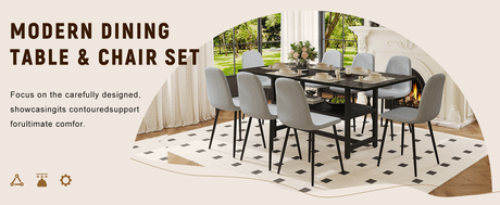 Table and chair set.71*35.4 inch Black Grain Spliced Dining Table With Storage Function In The Middle Of The Table Legs.Paired with 8 Light Gray Linen-Cotton Material High Resilience Dining Chairs. - sold by Home Elegance USA