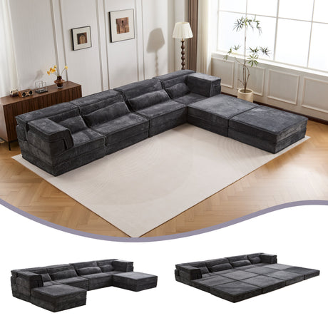 Compression Mahjong Sofa,Convertible Floor Sofa Bed,DIY Boneless Modular Sectional Sofa,No Assembly Required,Circle fleece fabric,Oversized 4 Seater with 2 Ottoman,Dark-grey - sold by Home Elegance USA
