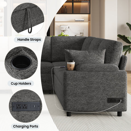 Versatile U-Shaped Sectional Sofa Bed with Storage, Cup Holders, Charging Ports in Grey Chenille - sold by Home Elegance USA