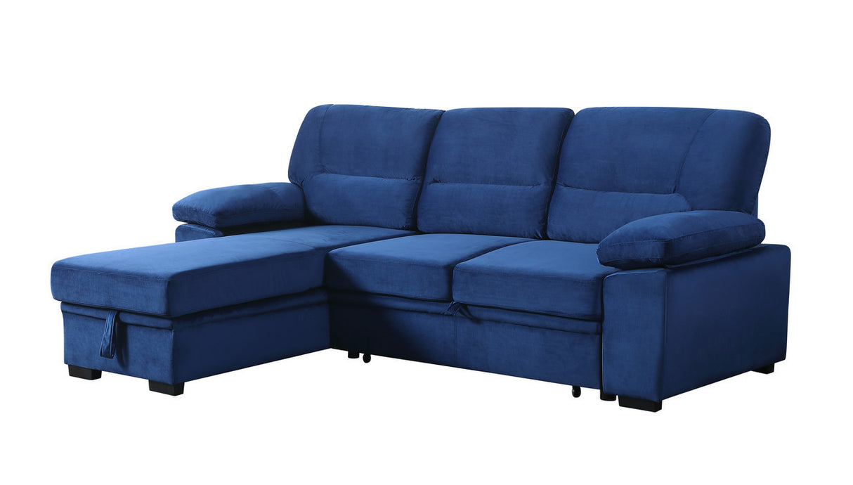 Kipling Blue Velvet Fabric Reversible Sleeper Sectional Sofa Chaise - Home Elegance USA