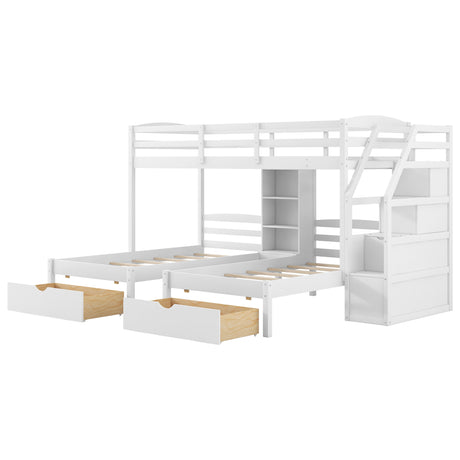 Twin over Twin&Twin Bunk Bed, Triple Bunk Bed with Drawers, Staircase with Storage, Built-in Shelves, White - sold by Home Elegance USA
