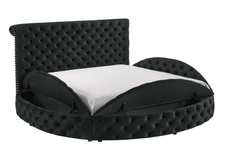Unique Round Plush Black Velvet Button-Tufted Detailing Storage Bed Queen Size Black 2x Nightstands Wooden Bedroom Furniture 3pc Set - sold by Home Elegance USA
