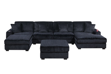 Contemporary Modern 6-PC Modular U-Sectional Sofa Set USB Cup Holder Black Finish Corduroy Living Room Furniture Couch - sold by Home Elegance USA