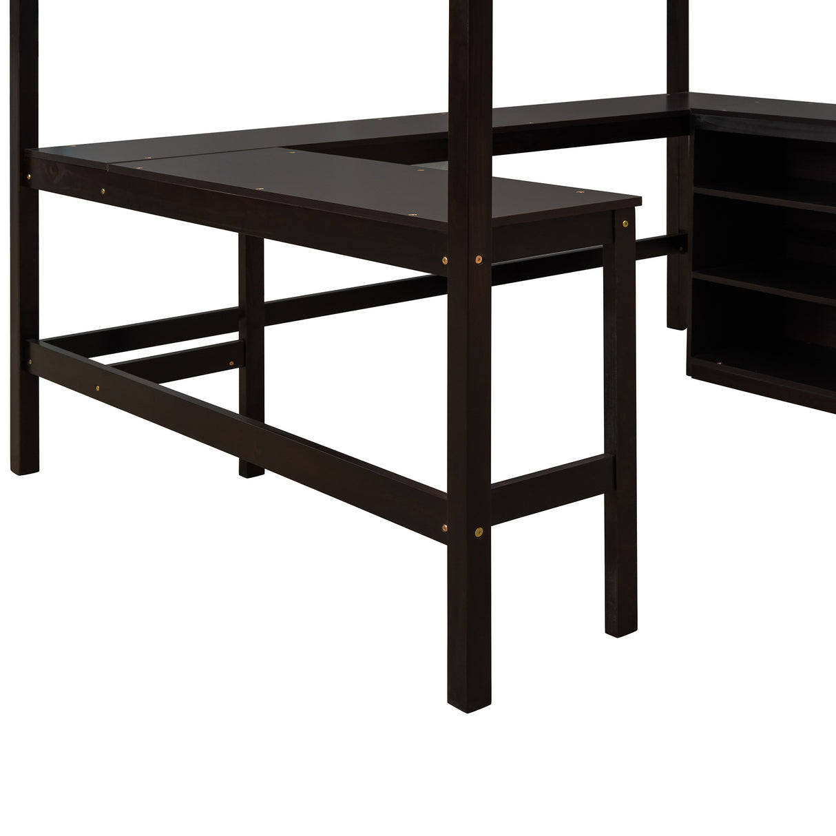 Full size Loft Bed with Shelves and Desk, Wooden Loft Bed with Desk - Espresso - Home Elegance USA