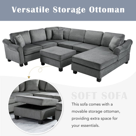 U-shaped Sectional Sofa Chenille Upholstered with Movable Storage Ottoman, Dark Gray, 111.8' - sold by Home Elegance USA