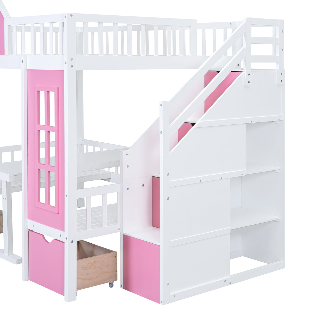 Full-Over-Full Bunk Bed with Changeable Table, Bunk Bed Turn into Upper Bed and Down Desk -Pink - Home Elegance USA