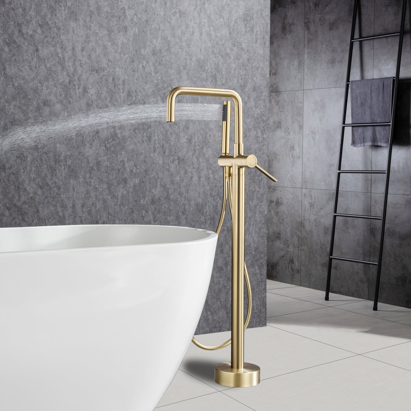 Freestanding Tub Filler Matte Black Bathtub Faucet Floor Mount Single Handle Brass Tub Faucets with Handheld Shower Swivel Spout