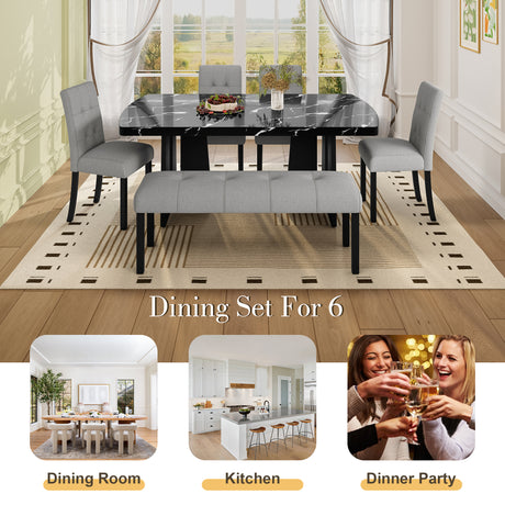 6 Piece Modern Dining Table Set, 63' Faux Marble Dining Table with Geometric Legs & 4 Upholstered Chairs & 1 Bench, Suitable for Dining Kitchen Room,Easy to Assemble, Black + Gray - sold by Home Elegance USA