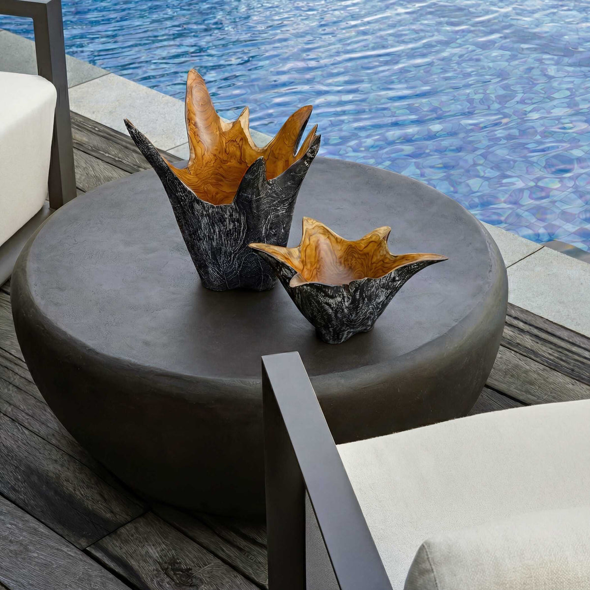 Starpetal Indoor-Outdoor Wooden Bowls (Set of 2) Black / Woodtone - Black / Light Brown by Uttermost - View 2