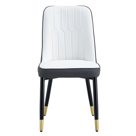 Table and chair set.The table has a glass top with imitation marble pattern stickers and stainless steel golden legs. Paried with 6 White and Dark Gray Spliced Color PU Dining Chairs. W1151S01558 - sold by Home Elegance USA