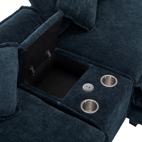 Contemporary Chenille Upholstered Sectional Sofa with Ottomans, USB Ports, Cup Holders & Storage, Blue - sold by Home Elegance USA