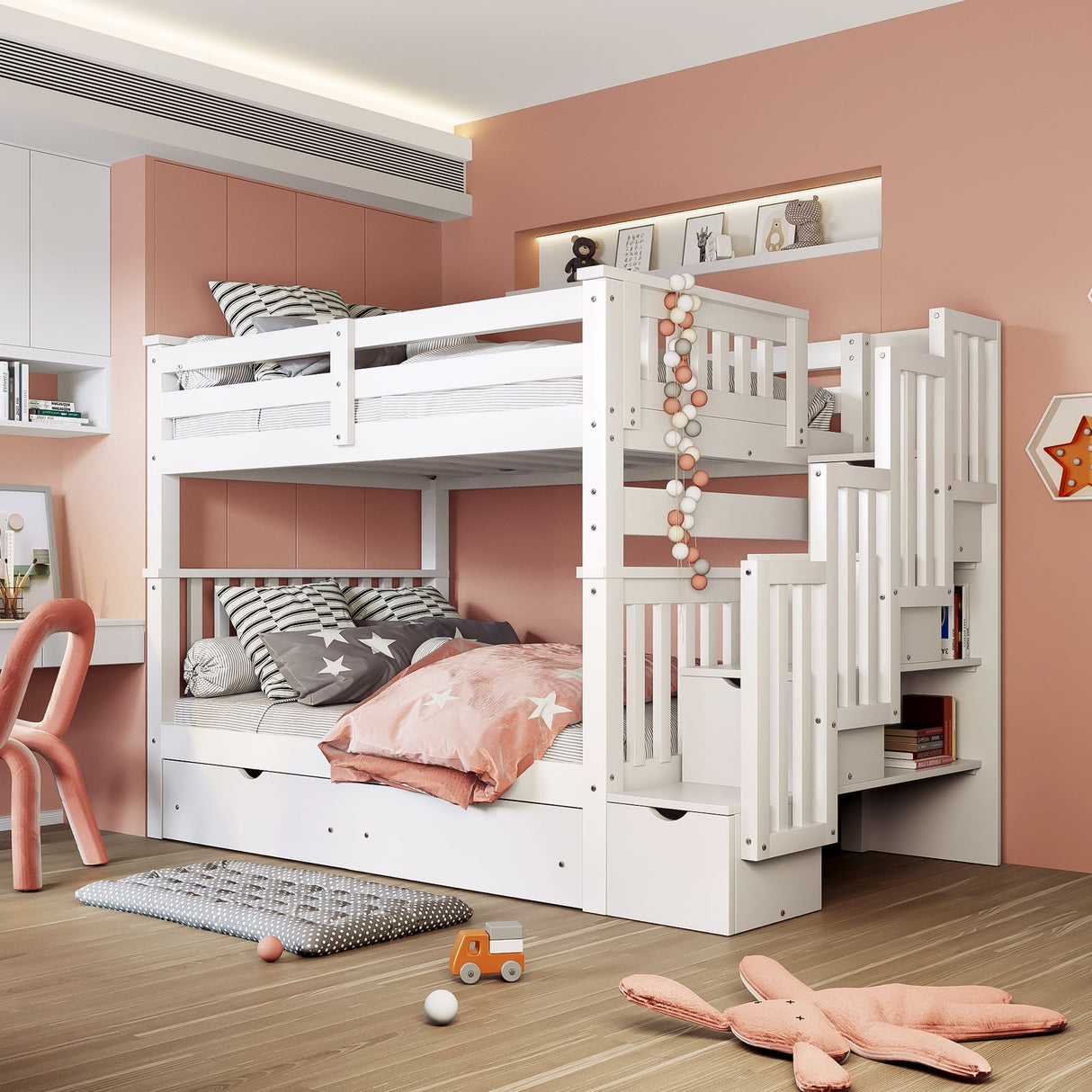 Full Over Full Bunk Bed with Shelves and 6 Storage Drawers, White(Old SKU:LT000046AAK) - sold by Home Elegance USA