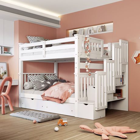 Full Over Full Bunk Bed with Shelves and 6 Storage Drawers, White(Old SKU:LT000046AAK) - sold by Home Elegance USA