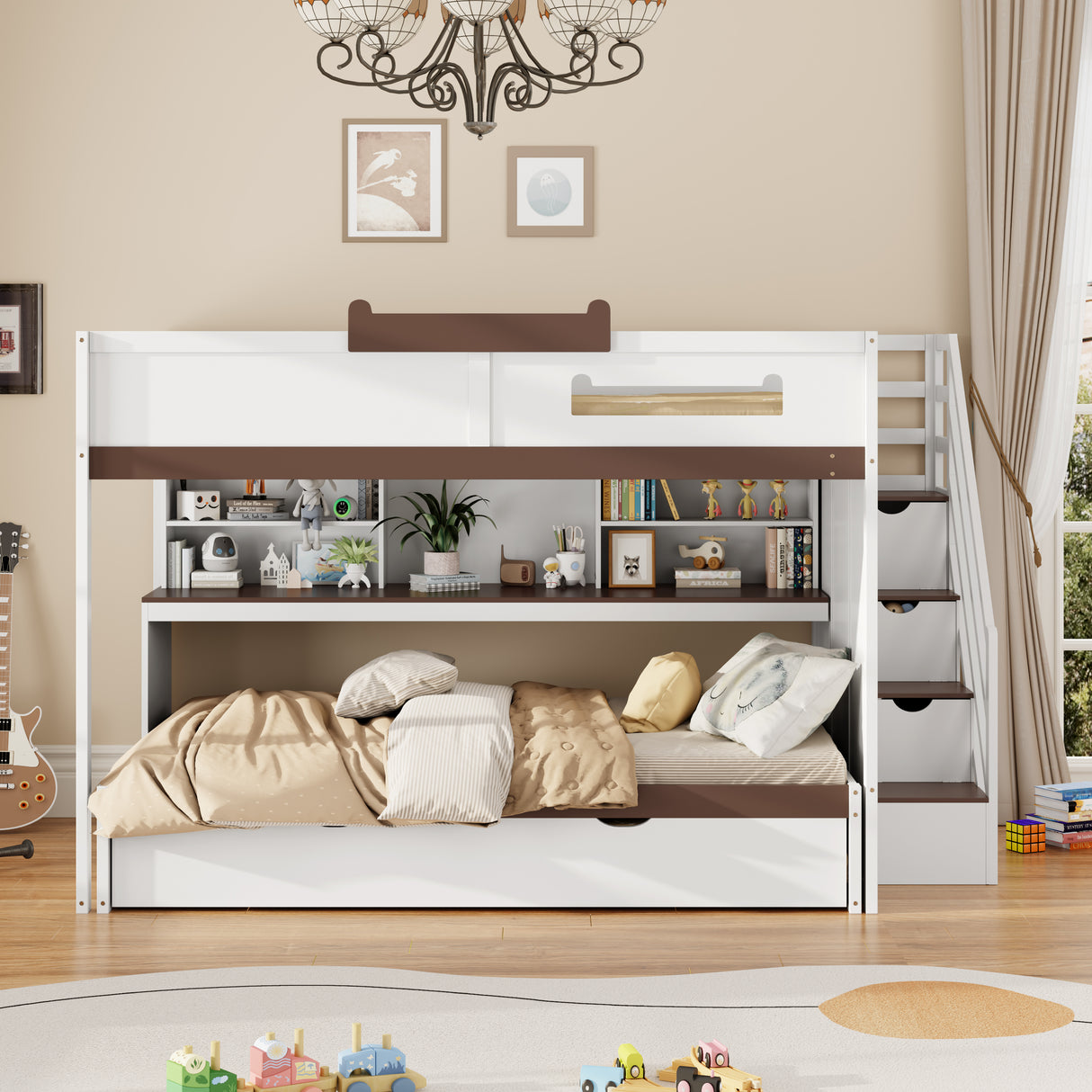 Full Over Full Bunk Bed with Twin Size Trundle and Staircase, Shelves, LED,White - sold by Home Elegance USA