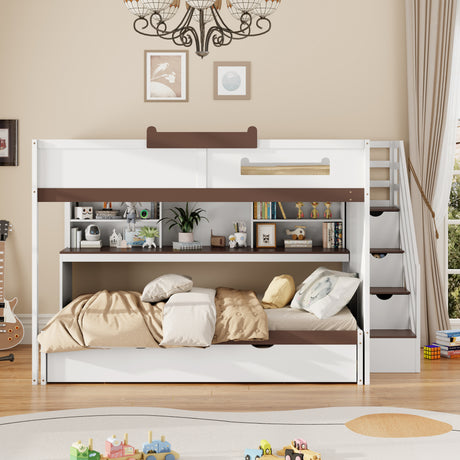 Full Over Full Bunk Bed with Twin Size Trundle and Staircase, Shelves, LED,White - sold by Home Elegance USA
