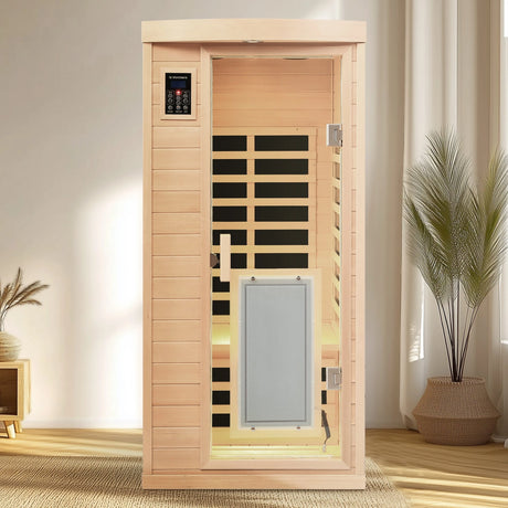 Low EMF Hemlock Far-Infrared Indoor Sauna with Heating Panels – One Person - sold by Home Elegance USA