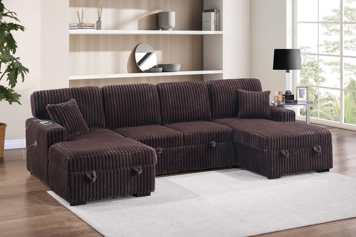 3pc Convertible Sectional Sleeper Sofa Two Chaise Storage Corduroy Upholstered Extendable Pull Out Bed Coffee Finish Pillow Included Primary Living Room