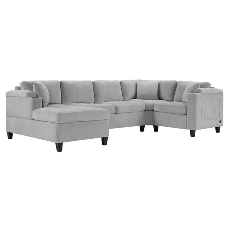 Modern U-shaped Sectional Sofa 115.7' Corner Living Room Couch with Built-in Cup Holders, Storage, USB Ports in Light Grey Chenille Fabric - sold by Home Elegance USA
