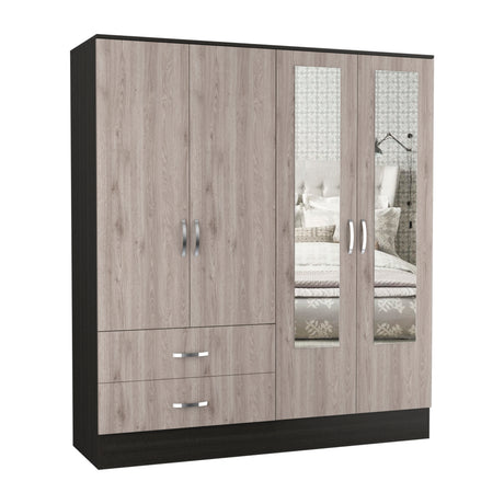 Gangi 160 Armoire, 4-door wardrobe , Two Mirrors, Metal Hardware, Two Drawers, Rod, Ten Shelves, Black Wengue / Light Gray -Bedroom - sold by Home Elegance USA