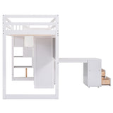 Twin Size Loft Bed with Pullable Desk and Storage Shelves,Staircase and Blackboard,White - Home Elegance USA