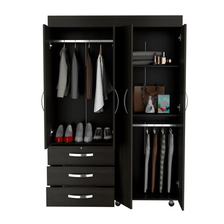 Hamilton Mobile Armoire, 4-Doors Cabinet, Three Drawers, Rods, Four Shelves, Black Wengue - Bedroom - sold by Home Elegance USA
