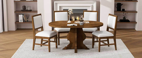 TREXM Farmhouse 5-Piece Dining Table Set with 4 Upholstered Chairs, Wood Extendable Dining Table with 15.7' Leaf for Extra Seating for Dining Room, Kitchen and Living Room (Brown) - sold by Home Elegance USA