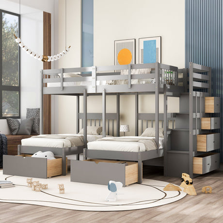 Full Over Twin & Twin Bunk Bed, Wood Triple Bunk Bed with Drawers and Guardrails (Gray) - sold by Home Elegance USA