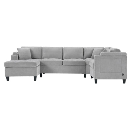 Modern U-shaped Sectional Sofa 115.7' Corner Living Room Couch with Built-in Cup Holders, Storage, USB Ports in Light Grey Chenille Fabric - sold by Home Elegance USA