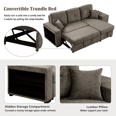 Reversible Sleeper Sectional Sofa Bed with Side Shelf and 2 Stools, Pull-Out L-Shaped Sofa Bed, Corner Sofa-Bed with Storage Chaise, Knox Charcoal Velvet - sold by Home Elegance USA