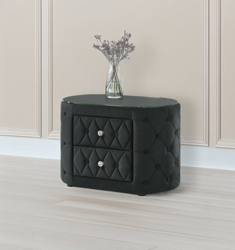 Luxurious Queen Size Bed Nightstand Set Deeply Tufted Headboard Nail Head Trim Upholstery Black Velvet Footboard Integrated Television Lift Mechanism Built-in Electric Fireplace Storage 3pc Set - sold by Home Elegance USA