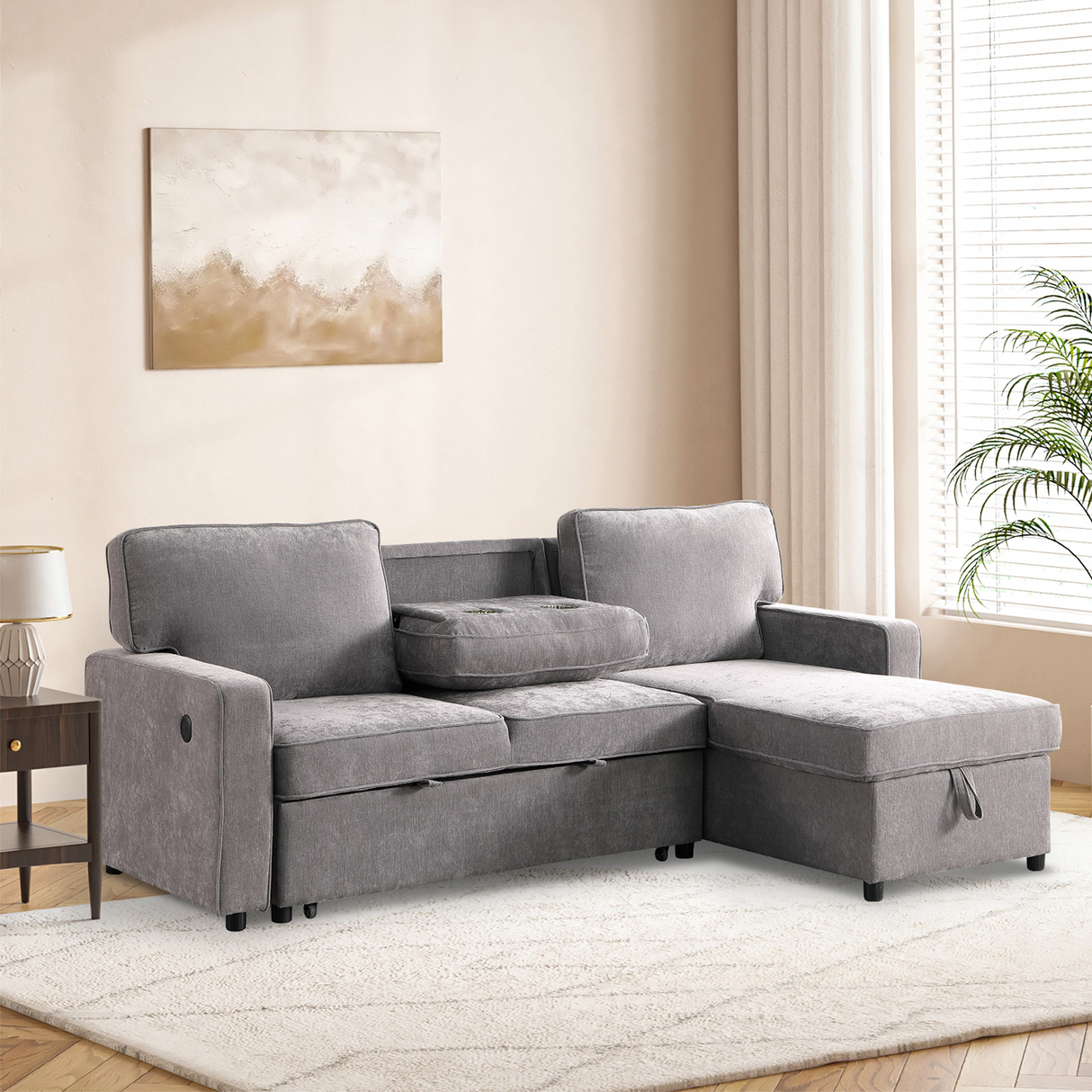 Upholstery Sleeper GREY Sectional Sofa with Storage Space, USB port, 2 cup holders on Back Cushions