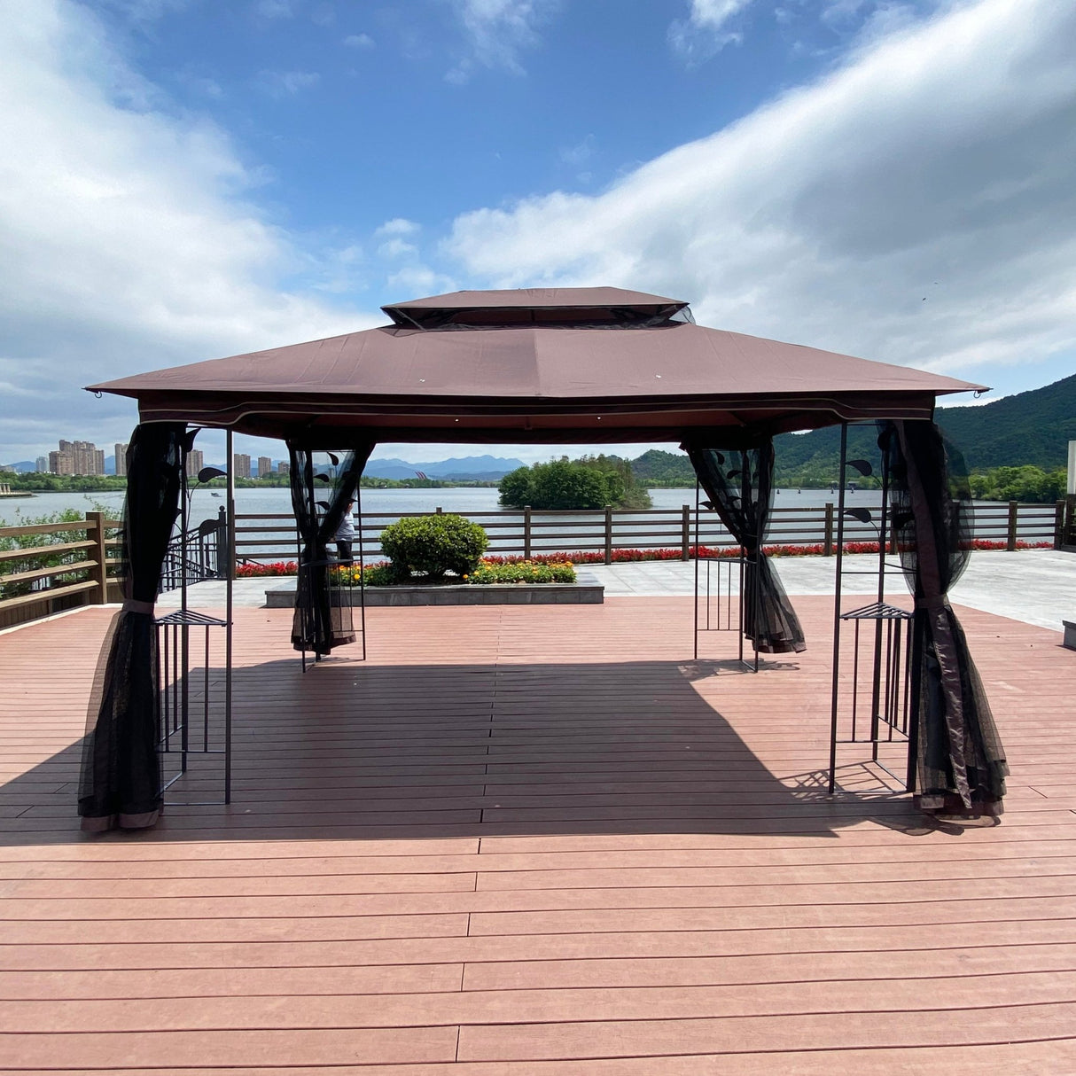 13x10 Outdoor Patio Gazebo Canopy Tent With Ventilated Double Roof And Mosquito net(Detachable Mesh Screen On All Sides),Suitable for Lawn, Garden, Backyard and Deck,Brown Top - Canopies & Gazebos - W41942173 - image - 7