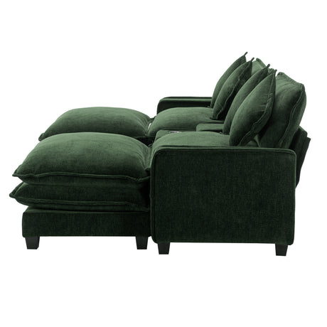 Chenille Upholstered 111' Sectional Sofa with Two Removable Ottomans, USB Ports, Cup Holders, and Storage, Green - sold by Home Elegance USA