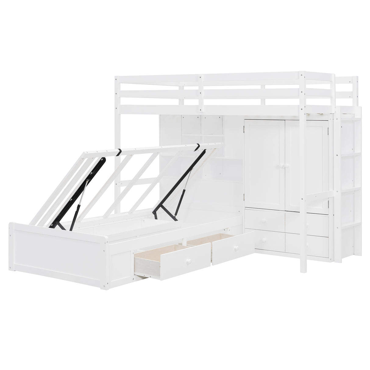 Twin Bunk Bed with Drawers, Wardrobe, Storage Shelves and Hydraulic Bed,White - sold by Home Elegance USA