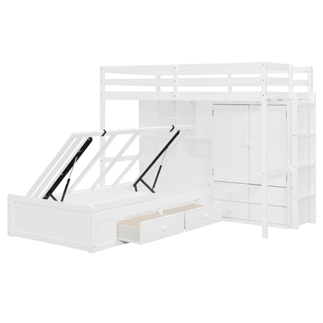 Twin Bunk Bed with Drawers, Wardrobe, Storage Shelves and Hydraulic Bed,White - sold by Home Elegance USA