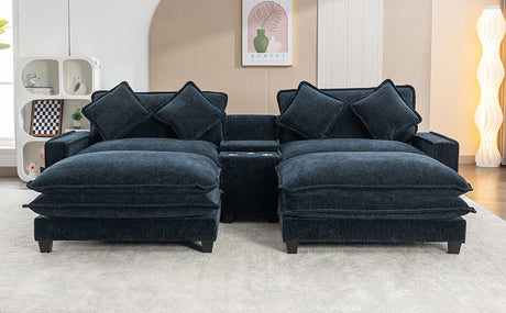 Contemporary Chenille Upholstered Sectional Sofa with Ottomans, USB Ports, Cup Holders & Storage, Blue - sold by Home Elegance USA