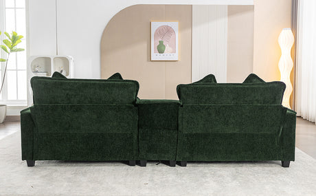 Chenille Upholstered 111' Sectional Sofa with Two Removable Ottomans, USB Ports, Cup Holders, and Storage, Green - sold by Home Elegance USA