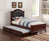 Contemporary Style Dark Cherry Twin Size Bed w/ Trundle Slats Pine Plywood Bedroom Furniture Black Faux Leather Tufted HB