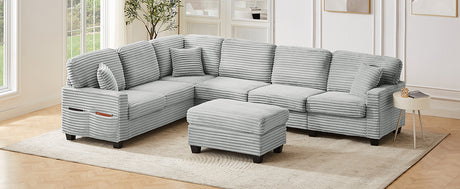 Modern U-shaped Sectional Sofa with Movable Ottoman and Side Storage Pockets, Grey Corduroy, 125.2' - sold by Home Elegance USA