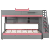Full Over Full Bunk Bed with Twin Size Trundle and Staircase, Shelves, LED,Gray - sold by Home Elegance USA