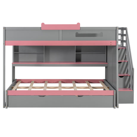 Full Over Full Bunk Bed with Twin Size Trundle and Staircase, Shelves, LED,Gray - sold by Home Elegance USA